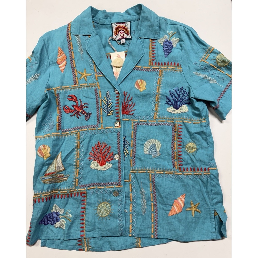 Johnny Was Linen Camp Shirt Women's Small Embroidered Amalfi Baltic NWT